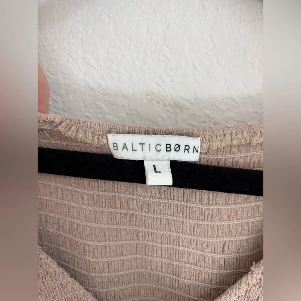 Baltic Born Lainey Smocked Swiss Dot Midi Dress Taupe Boho Long Sleeve Large - Picture 5 of 14